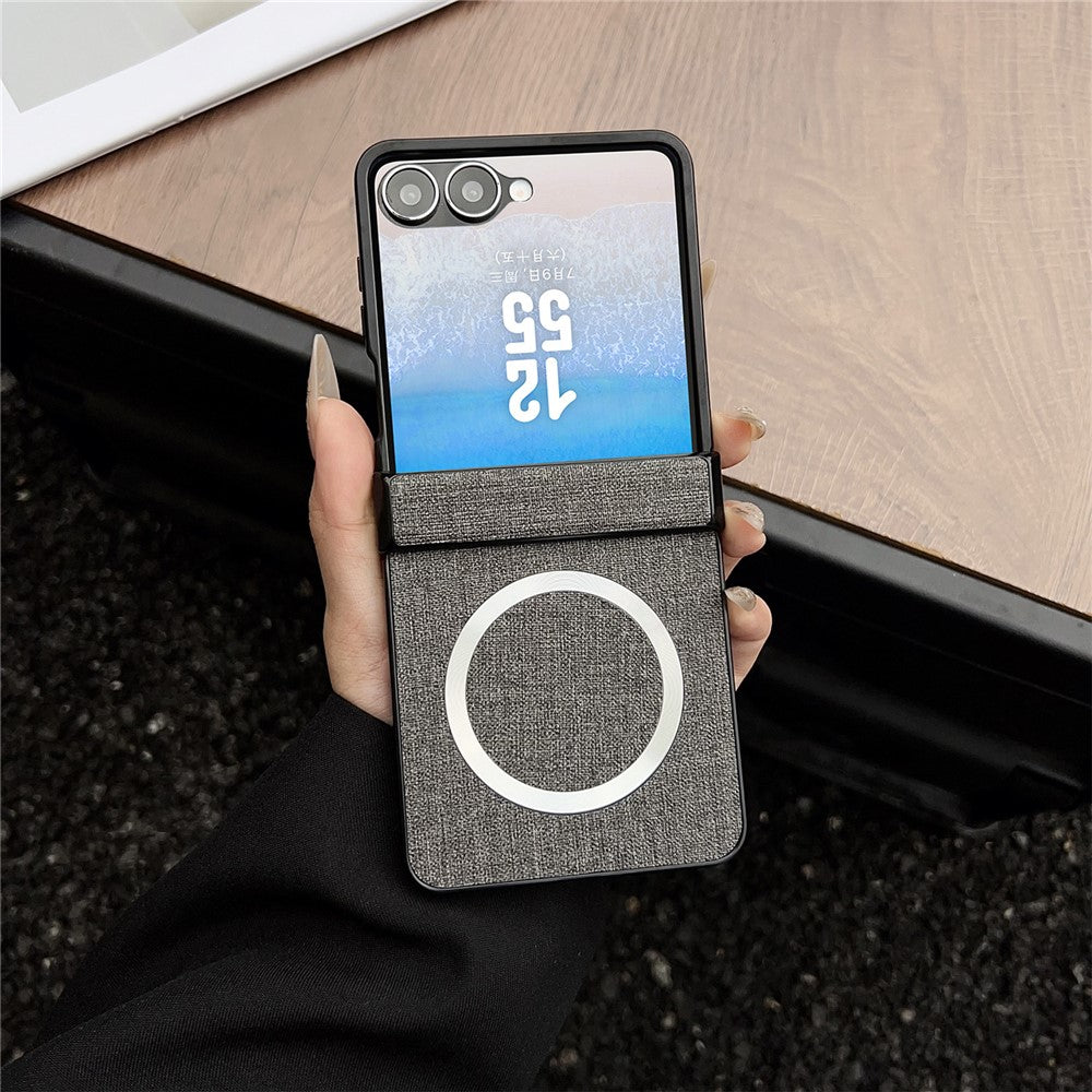 For Samsung Galaxy Z Flip7 5G Magnetic Case Leather + PC Phone Cover with Rear Screen Film and Hinge - Grey