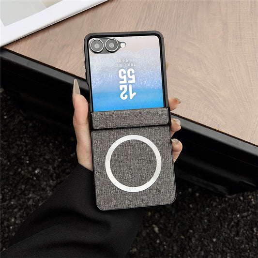 For Samsung Galaxy Z Flip7 5G Magnetic Case Leather + PC Phone Cover with Rear Screen Film and Hinge - Grey