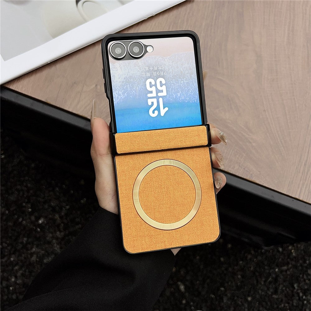 For Samsung Galaxy Z Flip7 5G Magnetic Case Leather + PC Phone Cover with Rear Screen Film and Hinge - Yellow