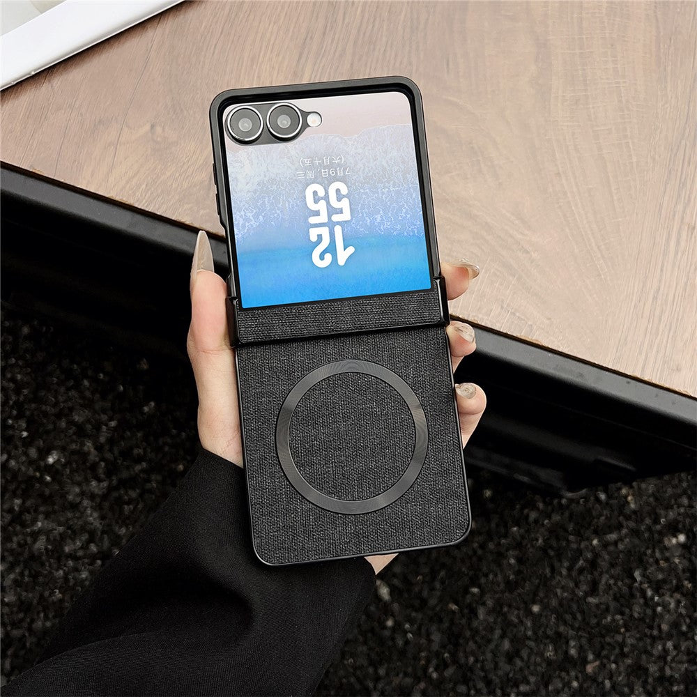 For Samsung Galaxy Z Flip7 5G Magnetic Case Leather + PC Phone Cover with Rear Screen Film and Hinge - Black