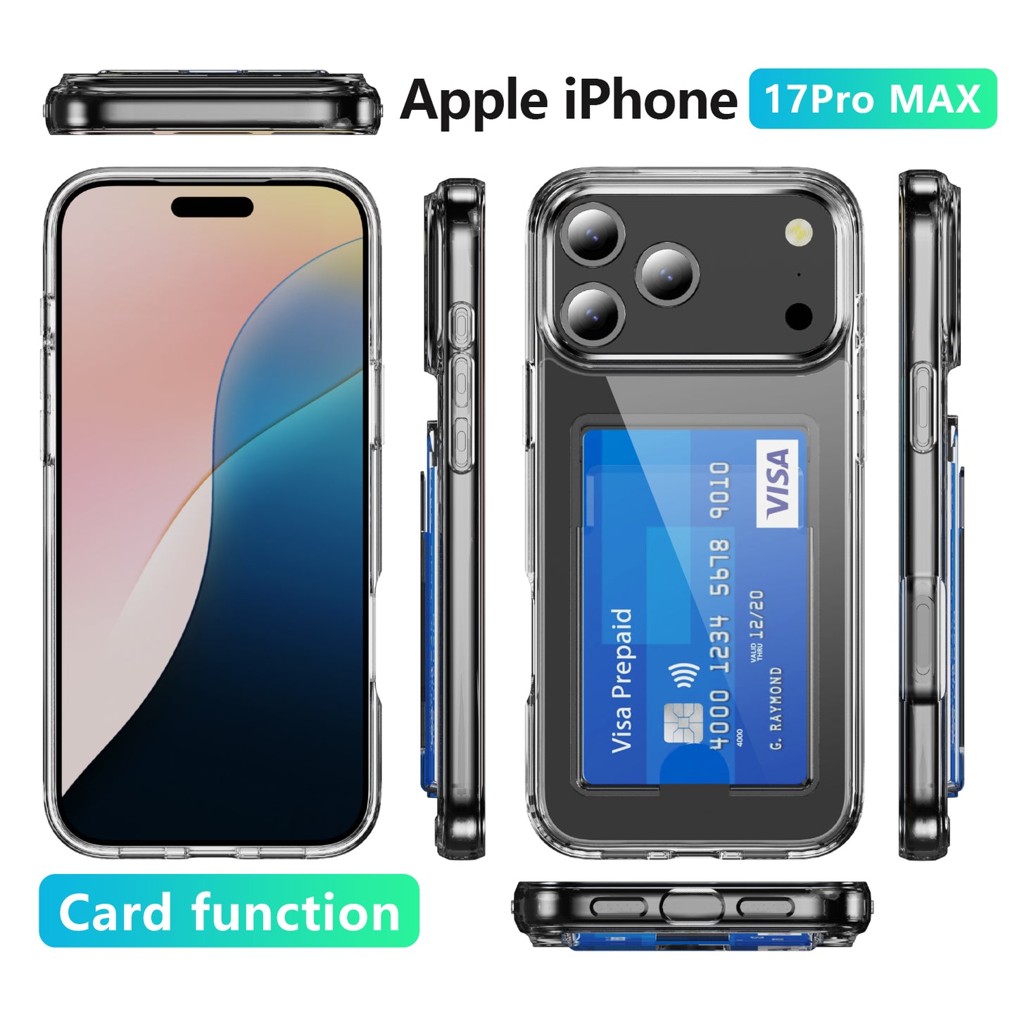 For iPhone 17 Pro Max Clear Phone Case with Screen Film WANLONFENG CK Series Card Holder Cover (Big Lens Hole) - Transparent