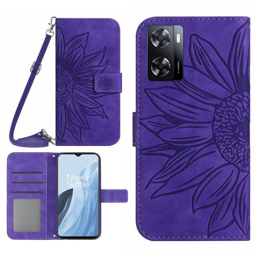 For OnePlus Nord N300 5G HT04 Sunflower Imprinted PU Leather Cover Flip Stand Skin-Touch Wallet Phone Case with Shoulder Strap - Dark Purple