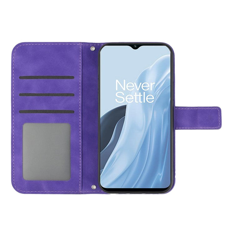 For OnePlus Nord N300 5G HT04 Sunflower Imprinted PU Leather Cover Flip Stand Skin-Touch Wallet Phone Case with Shoulder Strap - Dark Purple