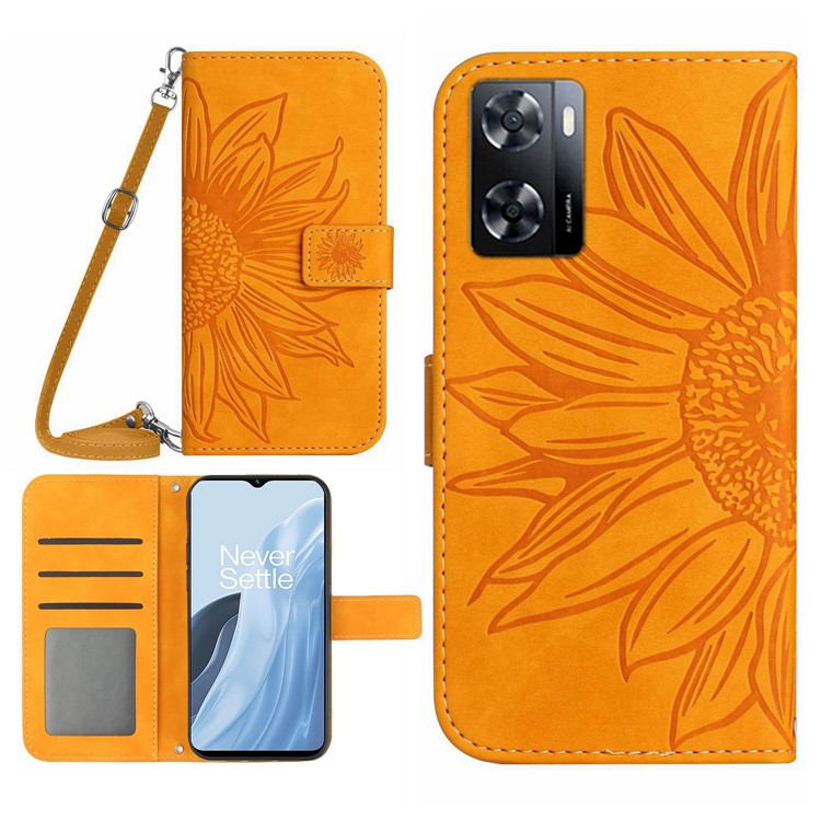For OnePlus Nord N300 5G HT04 Sunflower Imprinted PU Leather Cover Flip Stand Skin-Touch Wallet Phone Case with Shoulder Strap - Yellow