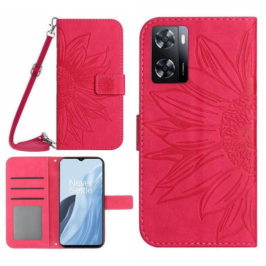 For OnePlus Nord N300 5G HT04 Sunflower Imprinted PU Leather Cover Flip Stand Skin-Touch Wallet Phone Case with Shoulder Strap - Rose