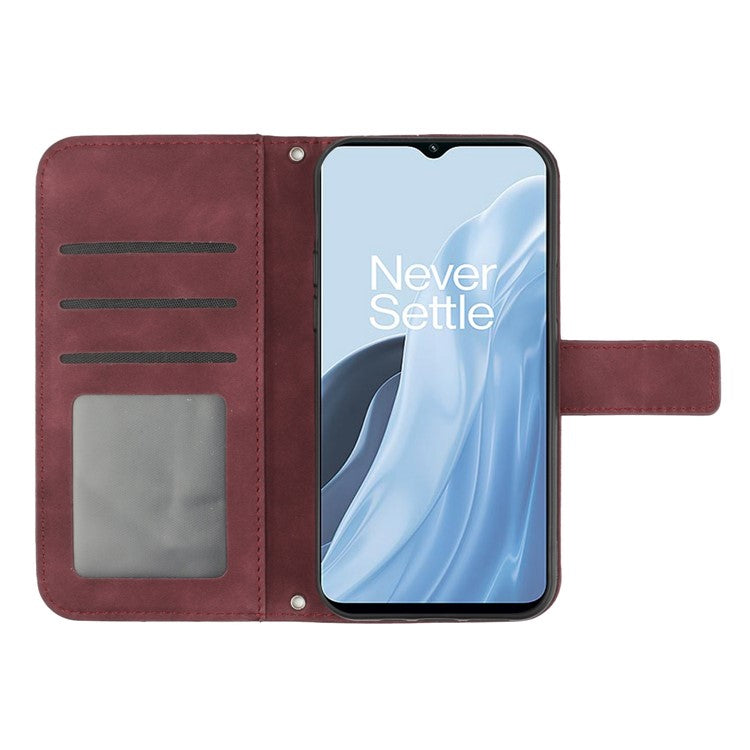 For OnePlus Nord N300 5G HT04 Sunflower Imprinted PU Leather Cover Flip Stand Skin-Touch Wallet Phone Case with Shoulder Strap - Wine Red