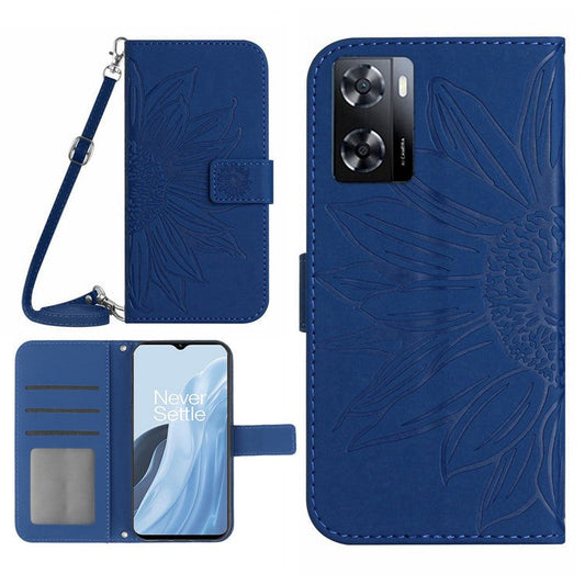 For OnePlus Nord N300 5G HT04 Sunflower Imprinted PU Leather Cover Flip Stand Skin-Touch Wallet Phone Case with Shoulder Strap - Dark Blue