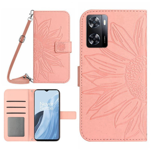 For OnePlus Nord N300 5G HT04 Sunflower Imprinted PU Leather Cover Flip Stand Skin-Touch Wallet Phone Case with Shoulder Strap - Light Pink