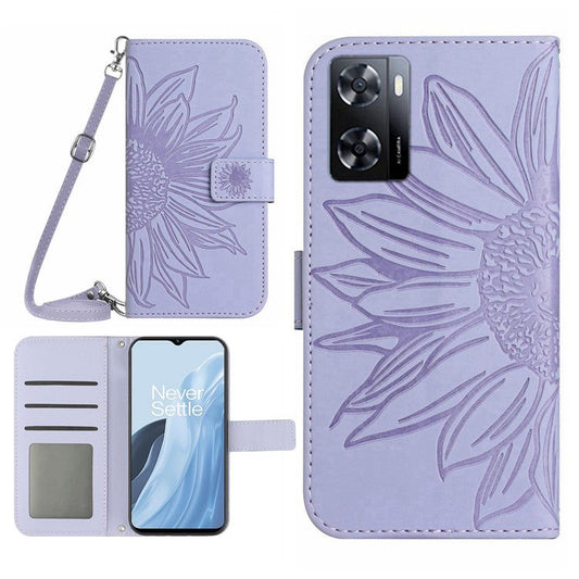 For OnePlus Nord N300 5G HT04 Sunflower Imprinted PU Leather Cover Flip Stand Skin-Touch Wallet Phone Case with Shoulder Strap - Light Purple