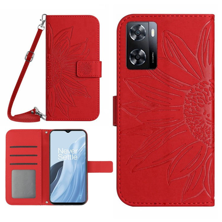 For OnePlus Nord N300 5G HT04 Sunflower Imprinted PU Leather Cover Flip Stand Skin-Touch Wallet Phone Case with Shoulder Strap - Red