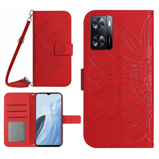 For OnePlus Nord N300 5G HT04 Sunflower Imprinted PU Leather Cover Flip Stand Skin-Touch Wallet Phone Case with Shoulder Strap - Red