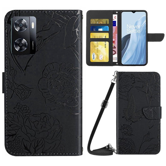 For OnePlus Nord N300 5G HT03 Butterfly Flowers Imprinted Skin-touch PU Leather Phone Case Magnetic Closure Wallet Function Stand Cover with Shoulder Strap - Black