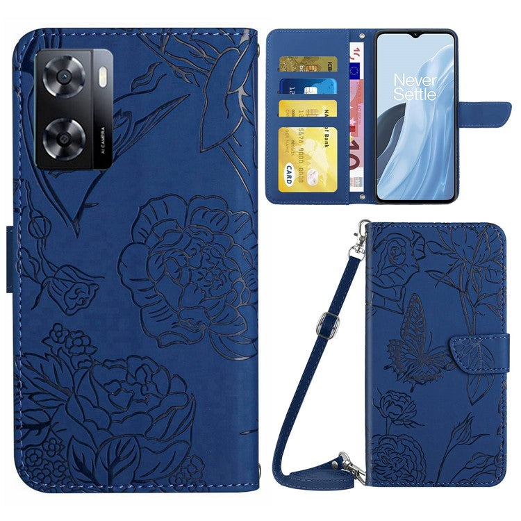 For OnePlus Nord N300 5G HT03 Butterfly Flowers Imprinted Skin-touch PU Leather Phone Case Magnetic Closure Wallet Function Stand Cover with Shoulder Strap - Blue