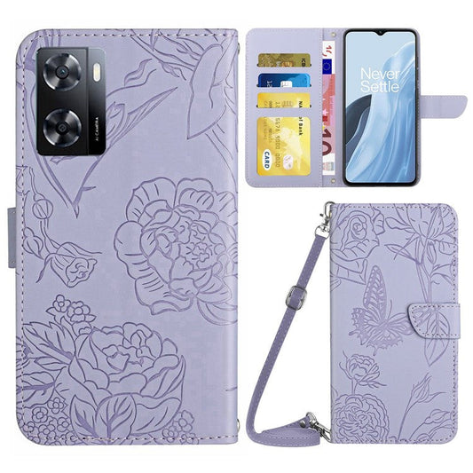 For OnePlus Nord N300 5G HT03 Butterfly Flowers Imprinted Skin-touch PU Leather Phone Case Magnetic Closure Wallet Function Stand Cover with Shoulder Strap - Purple