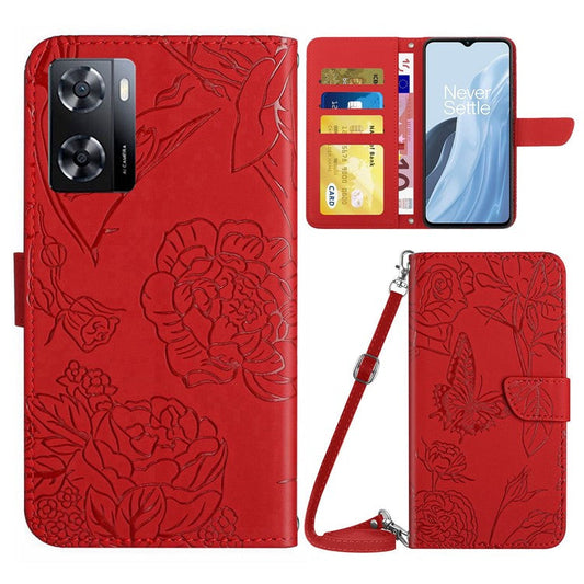 For OnePlus Nord N300 5G HT03 Butterfly Flowers Imprinted Skin-touch PU Leather Phone Case Magnetic Closure Wallet Function Stand Cover with Shoulder Strap - Red