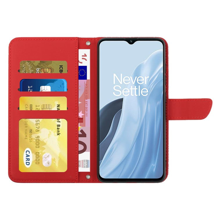 For OnePlus Nord N300 5G HT03 Butterfly Flowers Imprinted Skin-touch PU Leather Phone Case Magnetic Closure Wallet Function Stand Cover with Shoulder Strap - Red