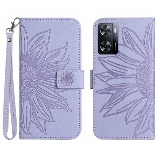 PU Leather Cell Phone Cover For OnePlus Nord N300 5G, HT04 Imprinted Sunflower Skin-Touch Drop-proof Phone Case Stand Wallet with Hand Strap - Light Purple
