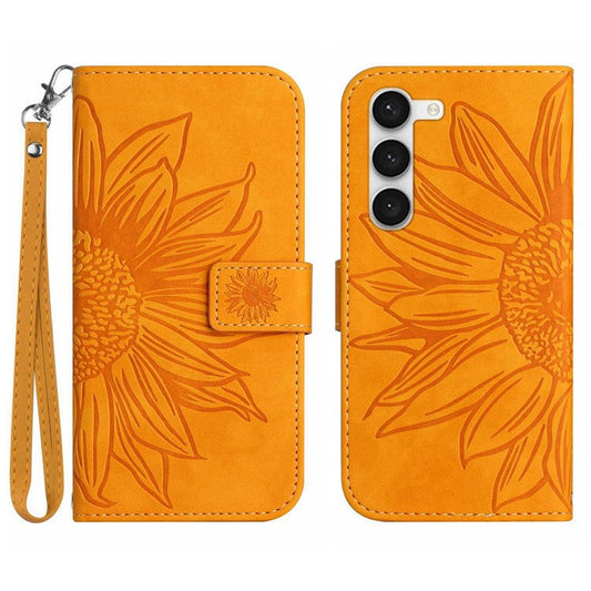 For Samsung Galaxy S23+ HT04 Flip Wallet Cover Skin-Touch Imprinted Sunflower Scratch-resistant Phone Case Stand with Hand Strap - Yellow