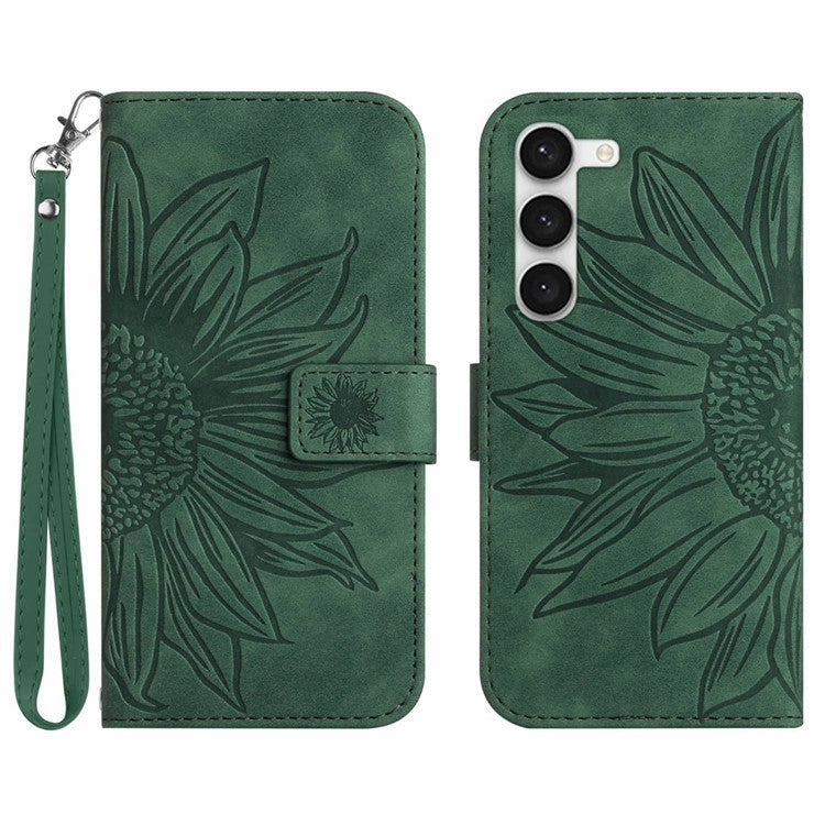 Sunflower Imprinted Phone Cover For Samsung Galaxy S23, HT04 Skin-Touch Wallet Anti-fall Phone Case Stand with Hand Strap - Dark Green