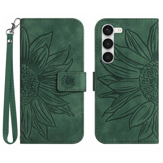 Sunflower Imprinted Phone Cover For Samsung Galaxy S23, HT04 Skin-Touch Wallet Anti-fall Phone Case Stand with Hand Strap - Dark Green