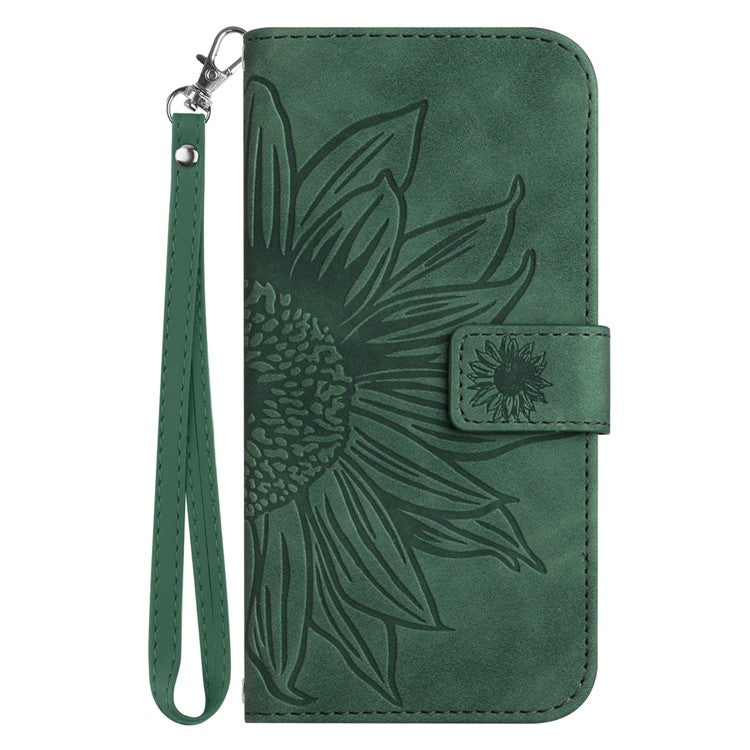 Sunflower Imprinted Phone Cover For Samsung Galaxy S23, HT04 Skin-Touch Wallet Anti-fall Phone Case Stand with Hand Strap - Dark Green