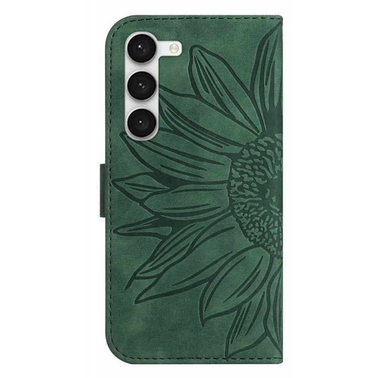 Sunflower Imprinted Phone Cover For Samsung Galaxy S23, HT04 Skin-Touch Wallet Anti-fall Phone Case Stand with Hand Strap - Dark Green