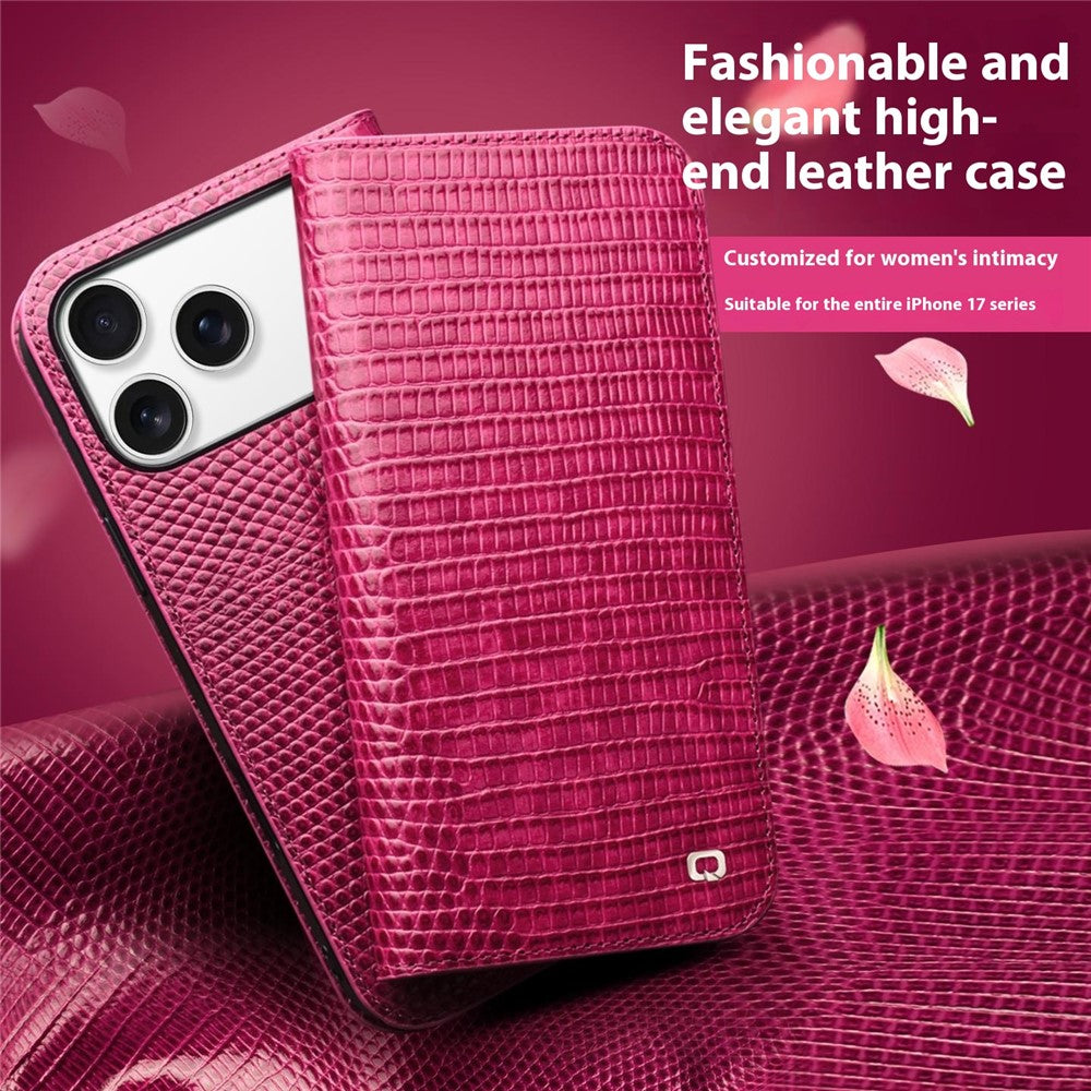 QIALINO For iPhone 17 Pro Max Wallet Case Crocodile Texture Genuine Cow Leather Anti-Drop Phone Cover