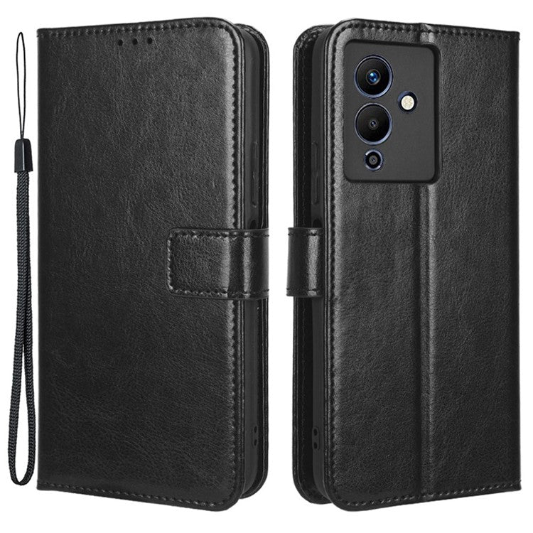 For Infinix Note 12 5G X671 / Note 12 Pro 5G X671B Flip Wallet Case Crazy Horse Texture PU Leather Stand Cover with Strap - Black