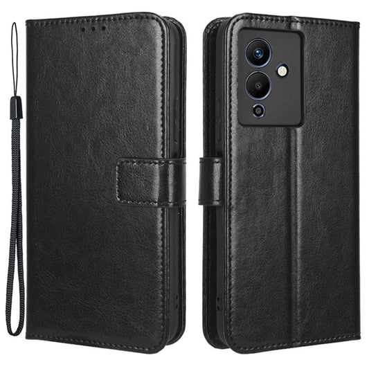 For Infinix Note 12 5G X671 / Note 12 Pro 5G X671B Flip Wallet Case Crazy Horse Texture PU Leather Stand Cover with Strap - Black