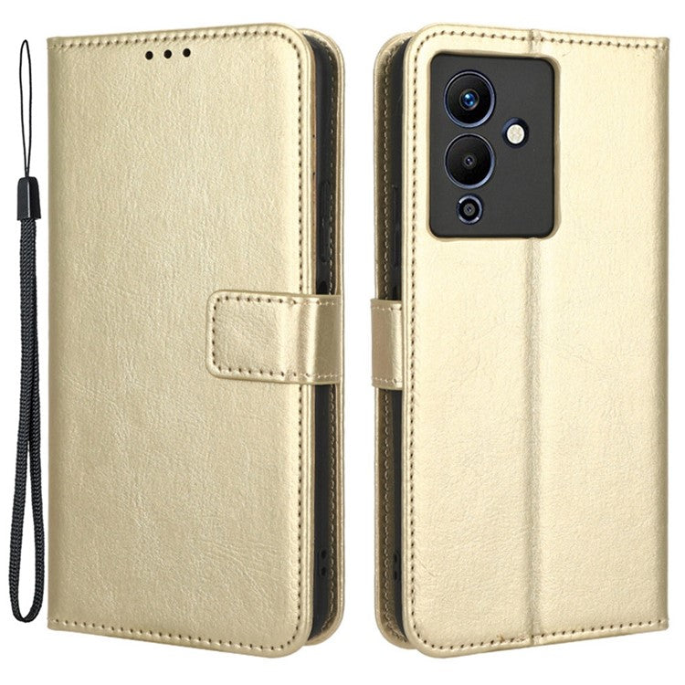 For Infinix Note 12 5G X671 / Note 12 Pro 5G X671B Flip Wallet Case Crazy Horse Texture PU Leather Stand Cover with Strap - Gold