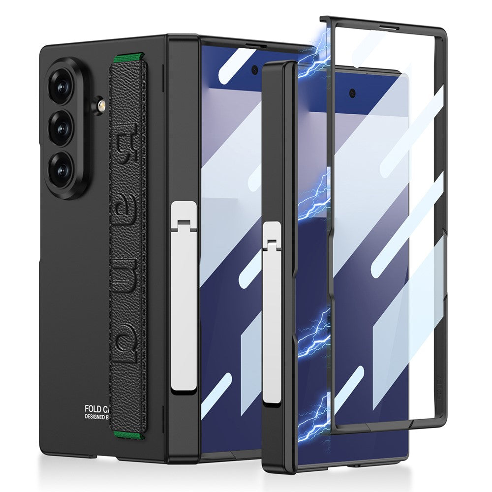 GKK For Samsung Galaxy Z Fold7 5G Case with Kickstand / Finger Strap PC Tempered Glass Phone Cover - Black