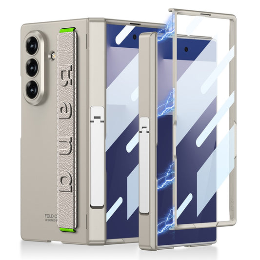 GKK For Samsung Galaxy Z Fold7 5G Case with Kickstand / Finger Strap PC Tempered Glass Phone Cover - Titanium Grey