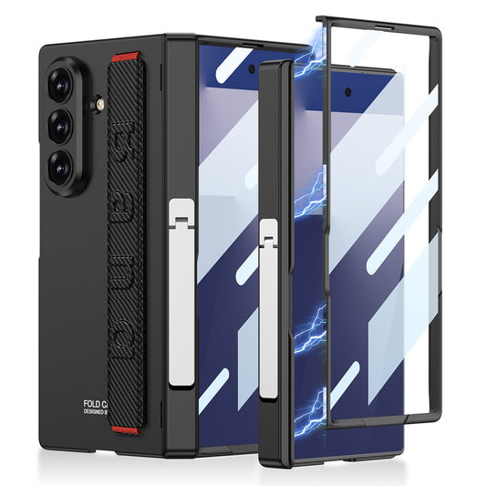 GKK For Samsung Galaxy Z Fold7 5G Case with Kickstand / Finger Strap PC Tempered Glass Phone Cover - Carbon Fiber Texture