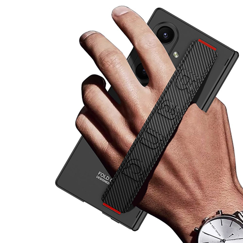 GKK For Samsung Galaxy Z Fold7 5G Case with Kickstand / Finger Strap PC Tempered Glass Phone Cover - Carbon Fiber Texture