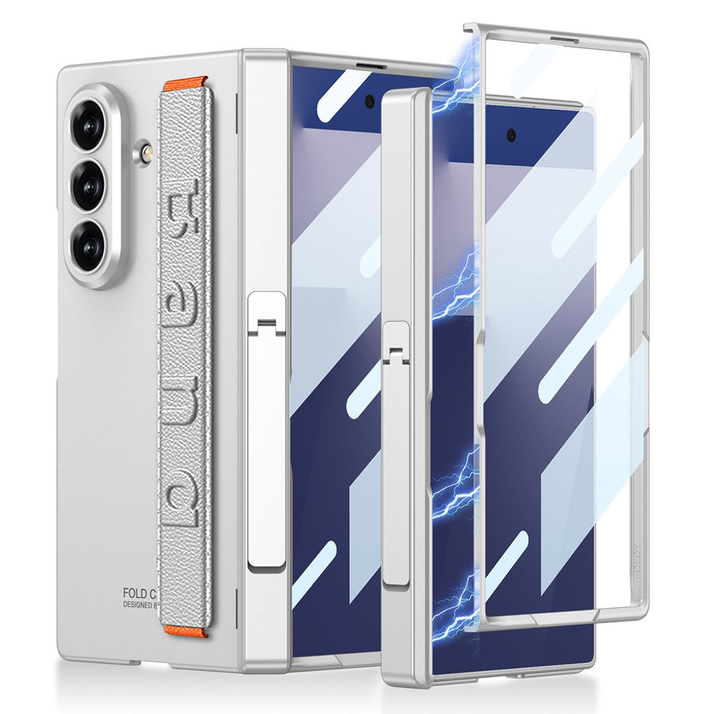 GKK For Samsung Galaxy Z Fold7 5G Case with Kickstand / Finger Strap PC Tempered Glass Phone Cover - Silver