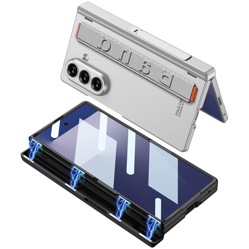 GKK For Samsung Galaxy Z Fold7 5G Case with Kickstand / Finger Strap PC Tempered Glass Phone Cover - Silver