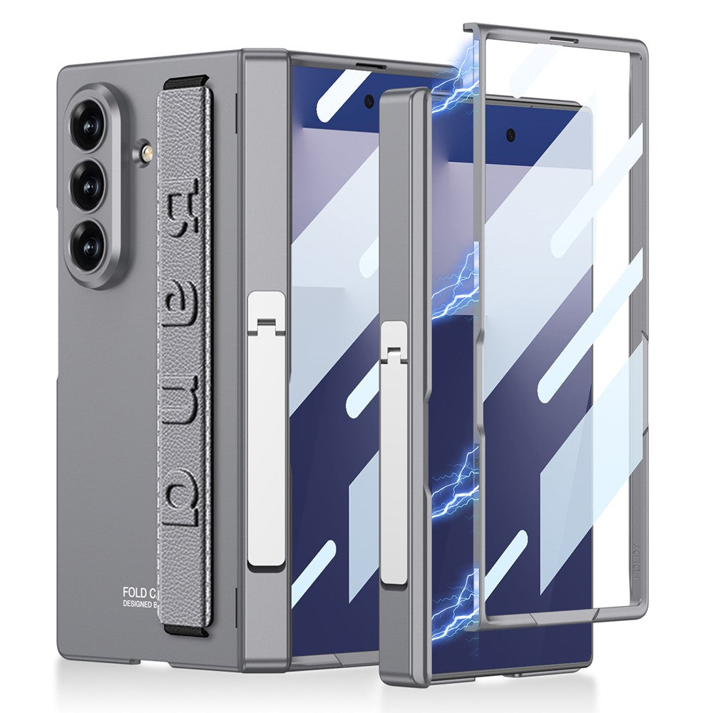 GKK For Samsung Galaxy Z Fold7 5G Case with Kickstand / Finger Strap PC Tempered Glass Phone Cover - Grey