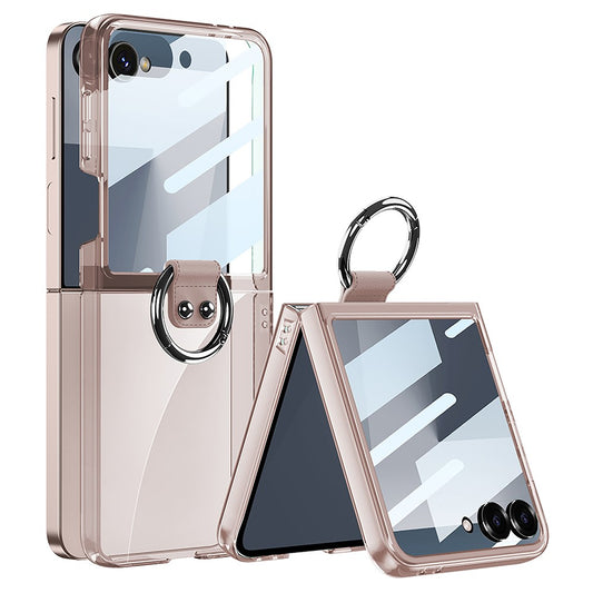 GKK For Samsung Galaxy Z Flip7 5G Case with Ring Holder PC + Tempered Glass Phone Cover - Transparent Pink