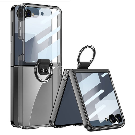 GKK For Samsung Galaxy Z Flip7 5G Case with Ring Holder PC + Tempered Glass Phone Cover - Transparent Black