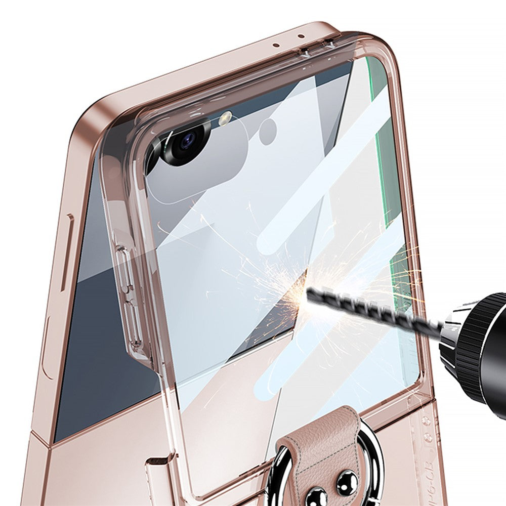GKK For Samsung Galaxy Z Flip7 5G Case with Ring Holder PC + Tempered Glass Phone Cover - Transparent Black