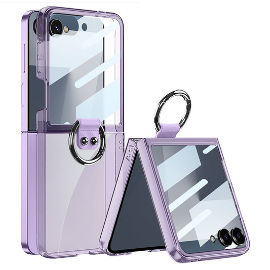GKK For Samsung Galaxy Z Flip7 5G Case with Ring Holder PC + Tempered Glass Phone Cover - Transparent Purple
