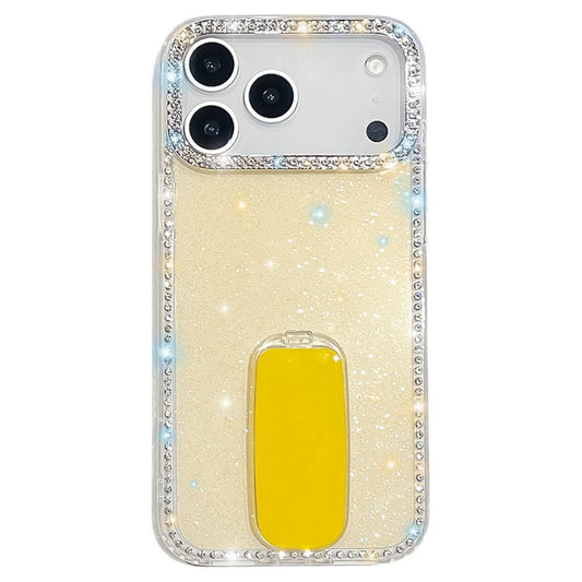For iPhone 17 Pro Max Case with Straight Mirror Kickstand Rhinestone Edge TPU + PC IMD Phone Cover - Glitter Light Yellow