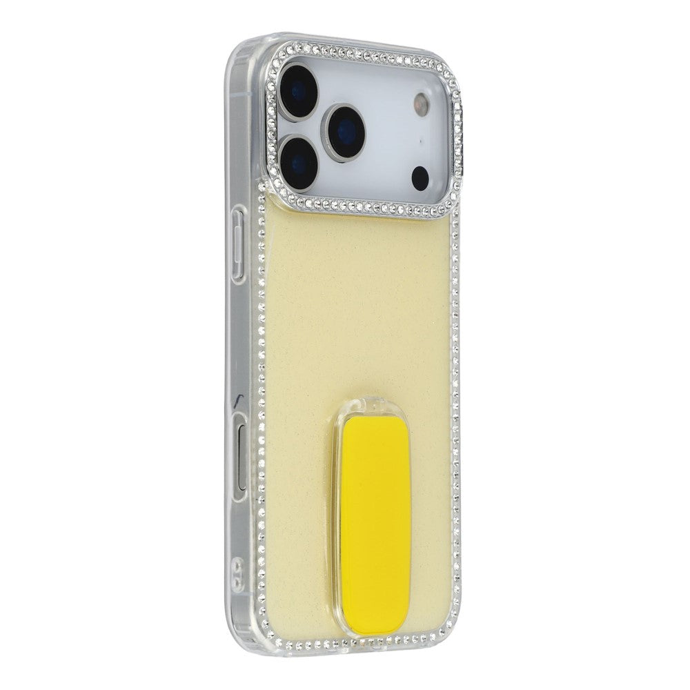 For iPhone 17 Pro Max Case with Straight Mirror Kickstand Rhinestone Edge TPU + PC IMD Phone Cover - Glitter Light Yellow
