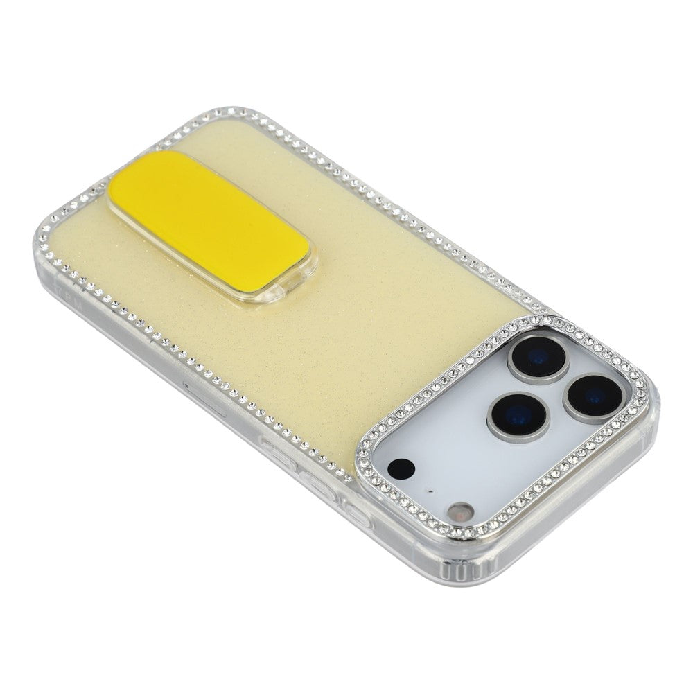For iPhone 17 Pro Max Case with Straight Mirror Kickstand Rhinestone Edge TPU + PC IMD Phone Cover - Glitter Light Yellow