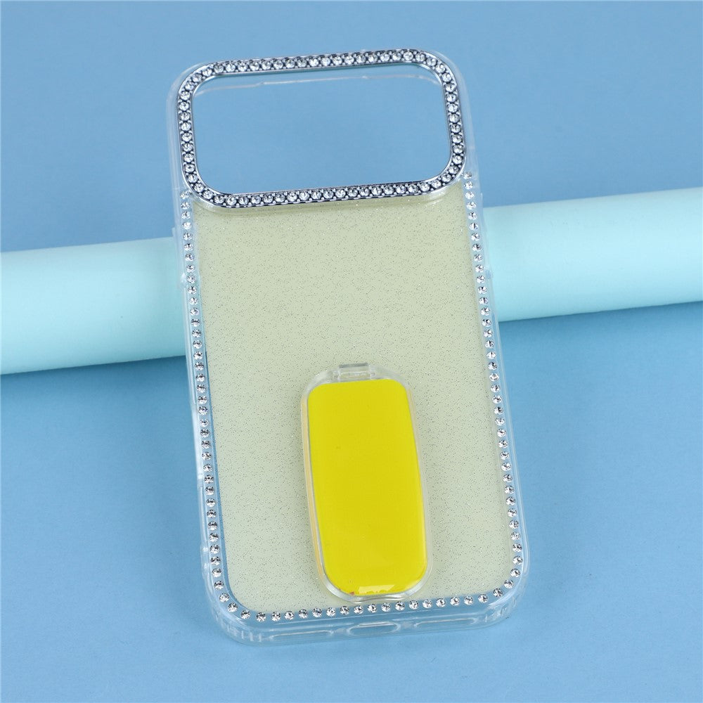 For iPhone 17 Pro Max Case with Straight Mirror Kickstand Rhinestone Edge TPU + PC IMD Phone Cover - Glitter Light Yellow