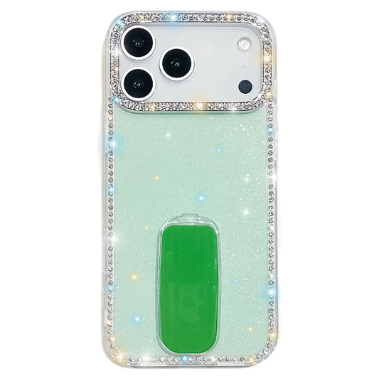 For iPhone 17 Pro Max Case with Straight Mirror Kickstand Rhinestone Edge TPU + PC IMD Phone Cover - Glitter Light Green