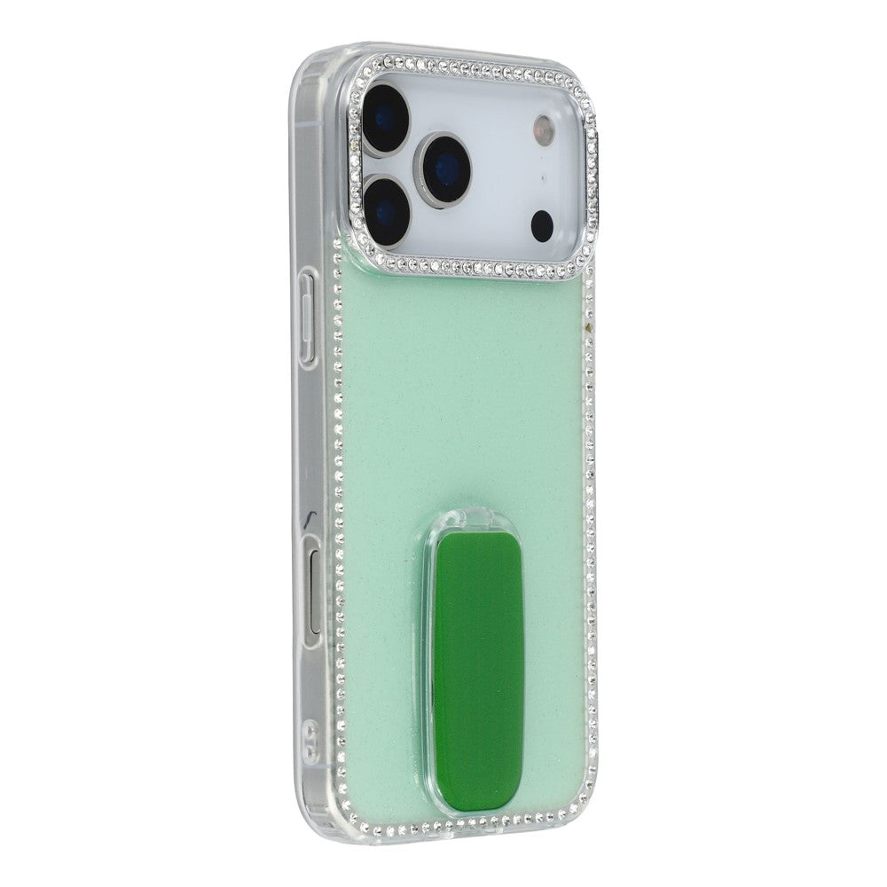For iPhone 17 Pro Max Case with Straight Mirror Kickstand Rhinestone Edge TPU + PC IMD Phone Cover - Glitter Light Green