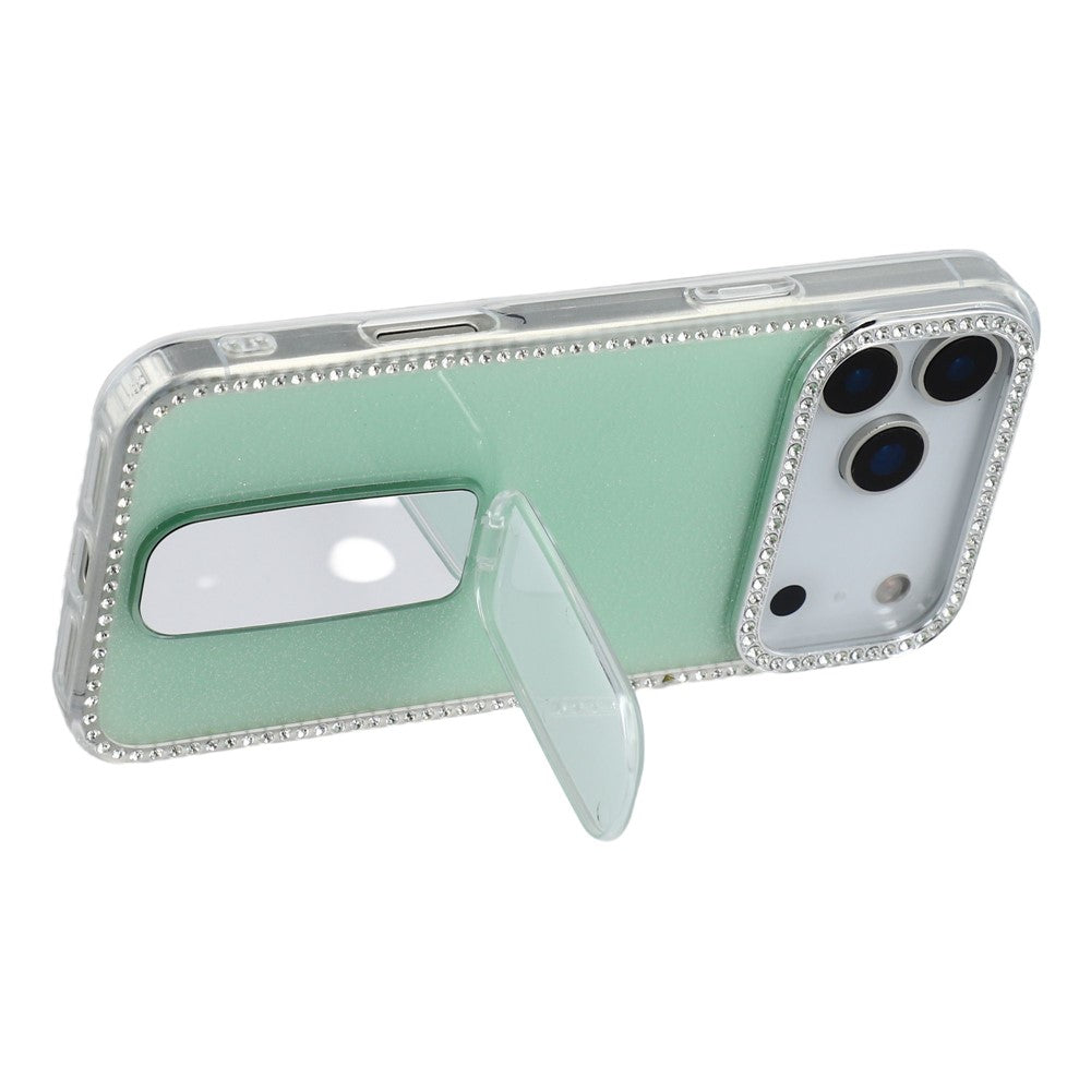 For iPhone 17 Pro Max Case with Straight Mirror Kickstand Rhinestone Edge TPU + PC IMD Phone Cover - Glitter Light Green