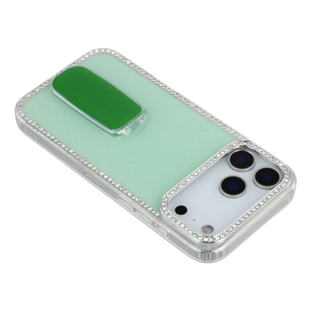 For iPhone 17 Pro Max Case with Straight Mirror Kickstand Rhinestone Edge TPU + PC IMD Phone Cover - Glitter Light Green