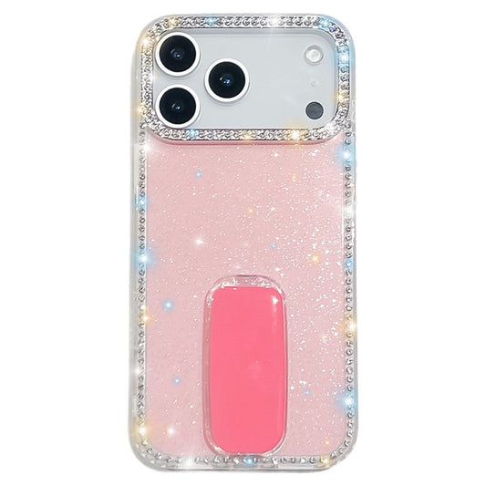 For iPhone 17 Pro Max Case with Straight Mirror Kickstand Rhinestone Edge TPU + PC IMD Phone Cover - Glitter Light Pink